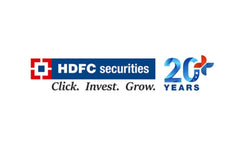 HDFC Securities logo with 'Click. Invest. Grow.' text and '20 Years' milestone on a white background