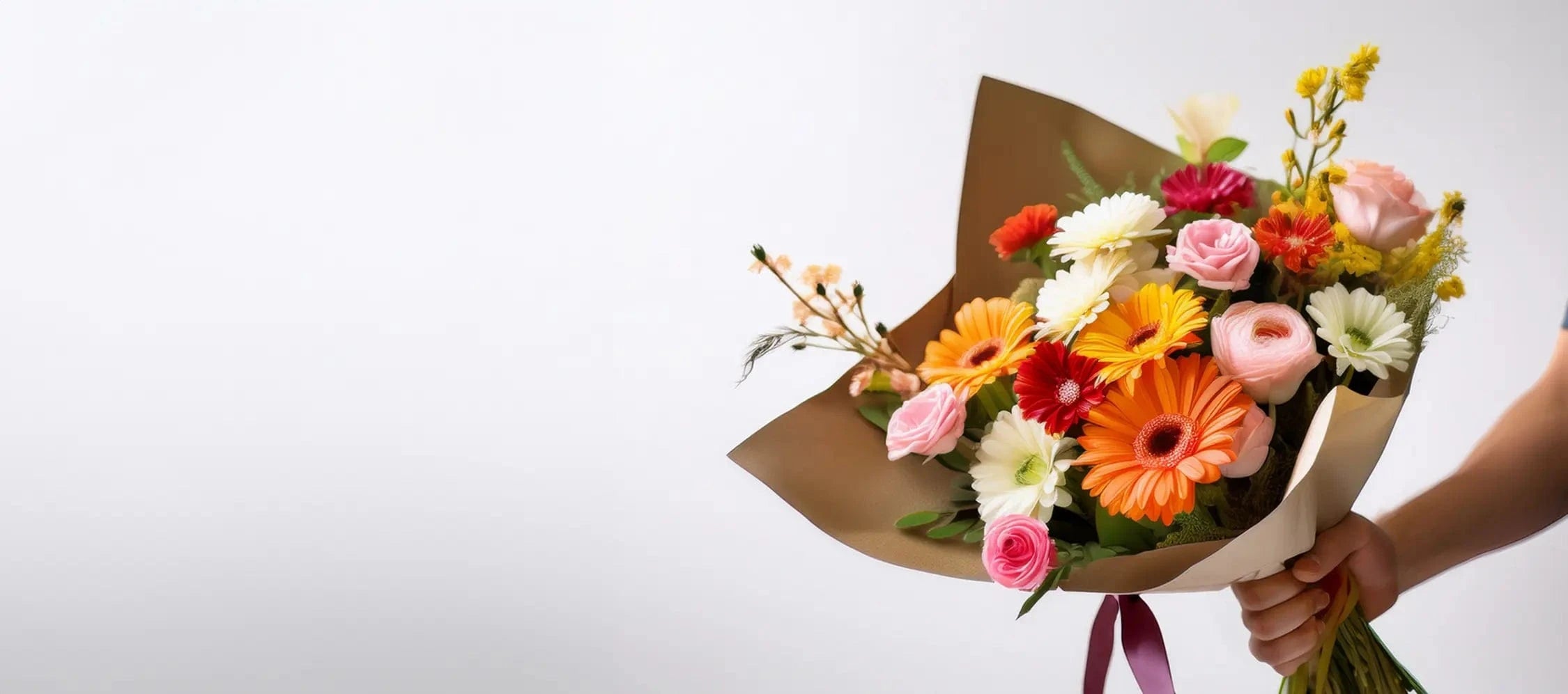 Bouquet of flowers held by a person against a white background
