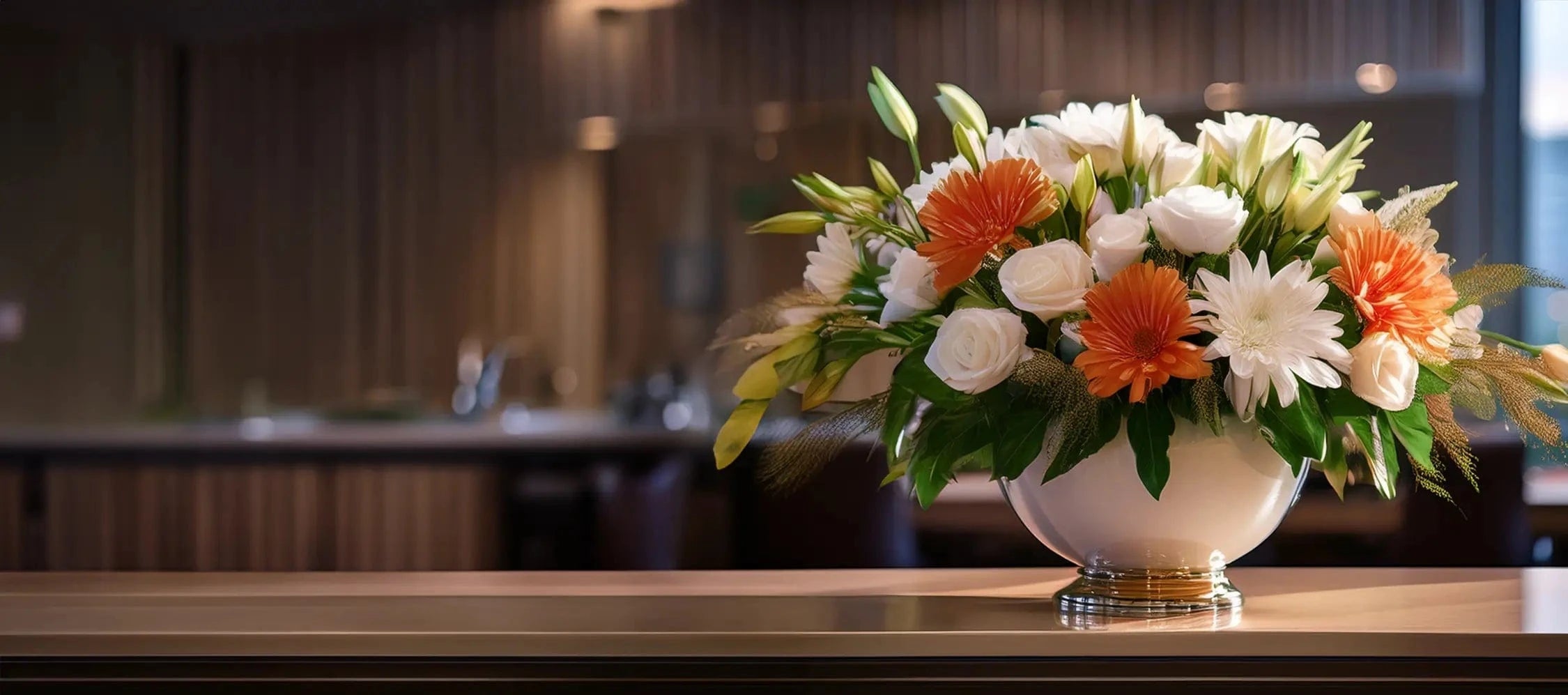 Floral arrangement in a white vase on a wooden surface with a blurred background