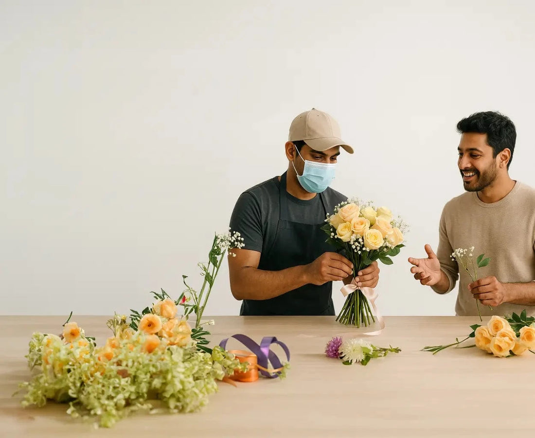 Two men working with flowers on a table, one wearing a mask.