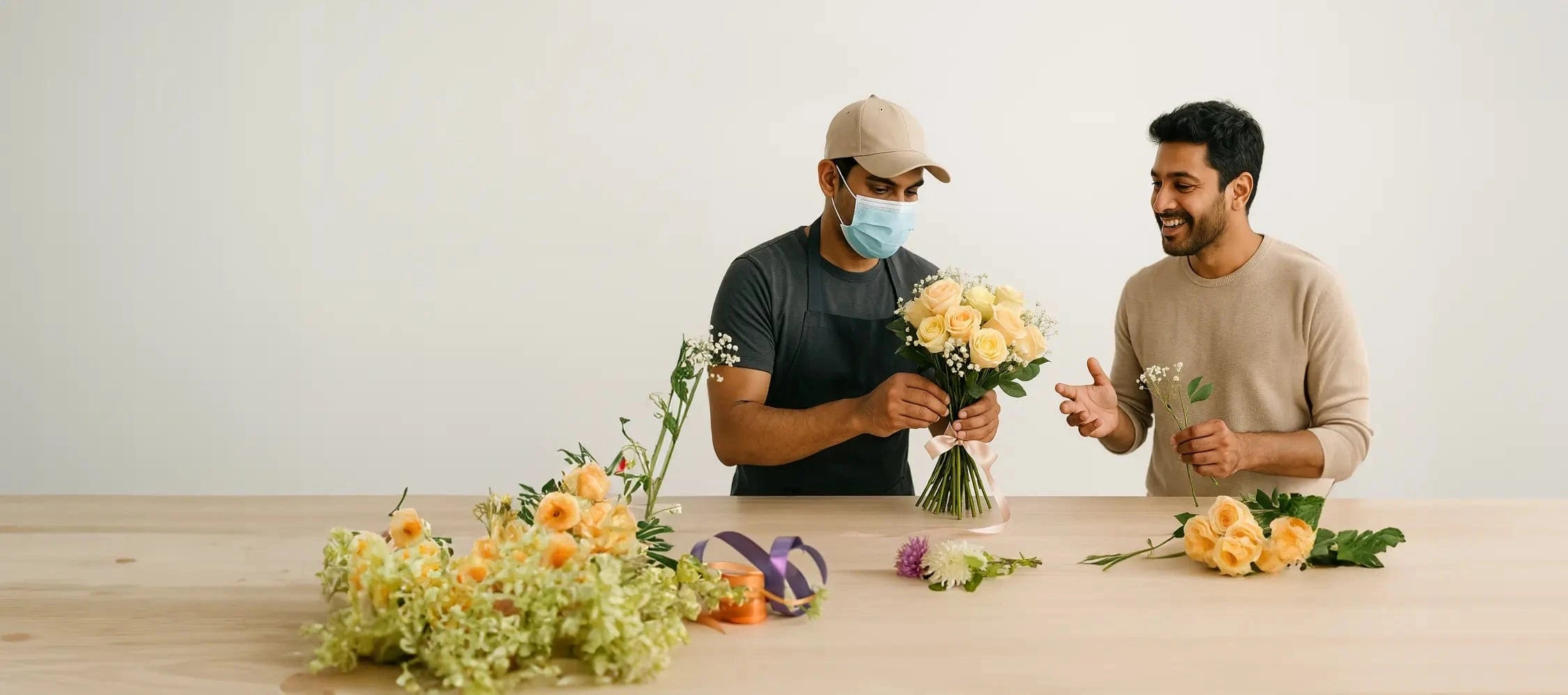 Two men working with flowers on a table against a plain background