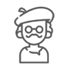 Line drawing of a person wearing a beret and headphones.
