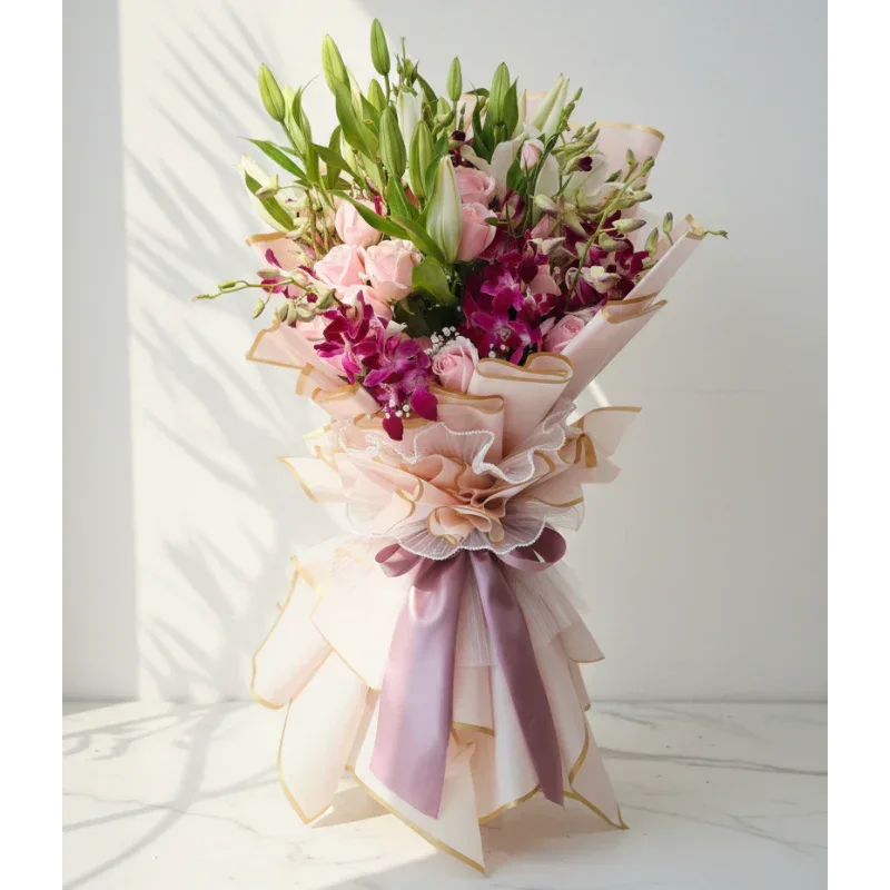 Grand Luxury Pink Roses and Orchid Hand Bouquet - atfleurs