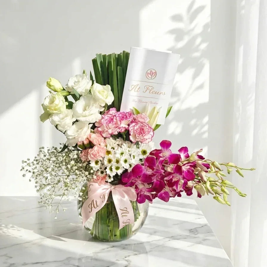 Mixed Flowers Glass Vase Arrangement - atfleurs
