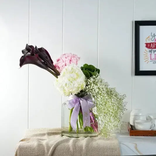 Black Calla Lily with Hydrangea Vase Arrangement - atfleurs