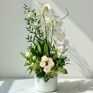 White Orchid Bouquet with Peach Roses - atfleurs