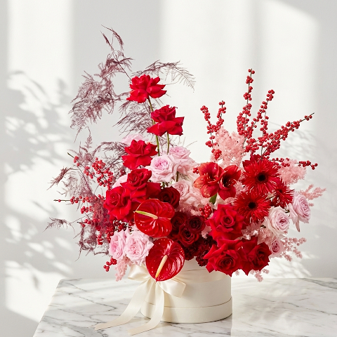 Red and Pink Roses Bouquet with Anthurium