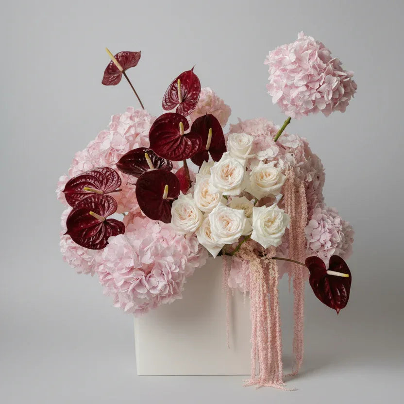 Ivory Roses Bouquet with Pink Hydrangea - atfleurs