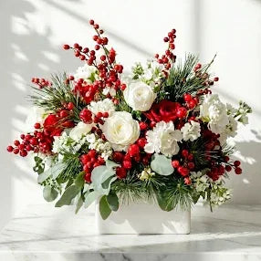 White Roses Bouquet with Red Berries and Pine Greens - atfleurs