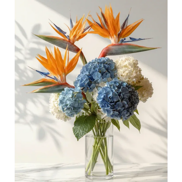 Bird of Paradise Bouquet with Blue Hydrangea - atfleurs