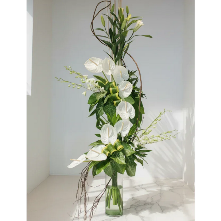 White Anthurium Bouquet with Green Foliage - atfleurs