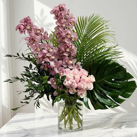 Pink Orchids Bouquet with Palm Leaves - atfleurs