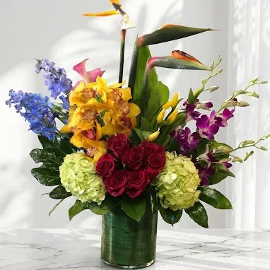 Roses and Bird of Paradise Bouquet with Orchids - atfleurs
