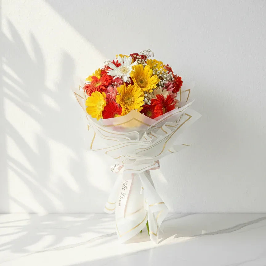 Mixed Colour Gerbera Bouquet with Baby’s Breath - atfleurs
