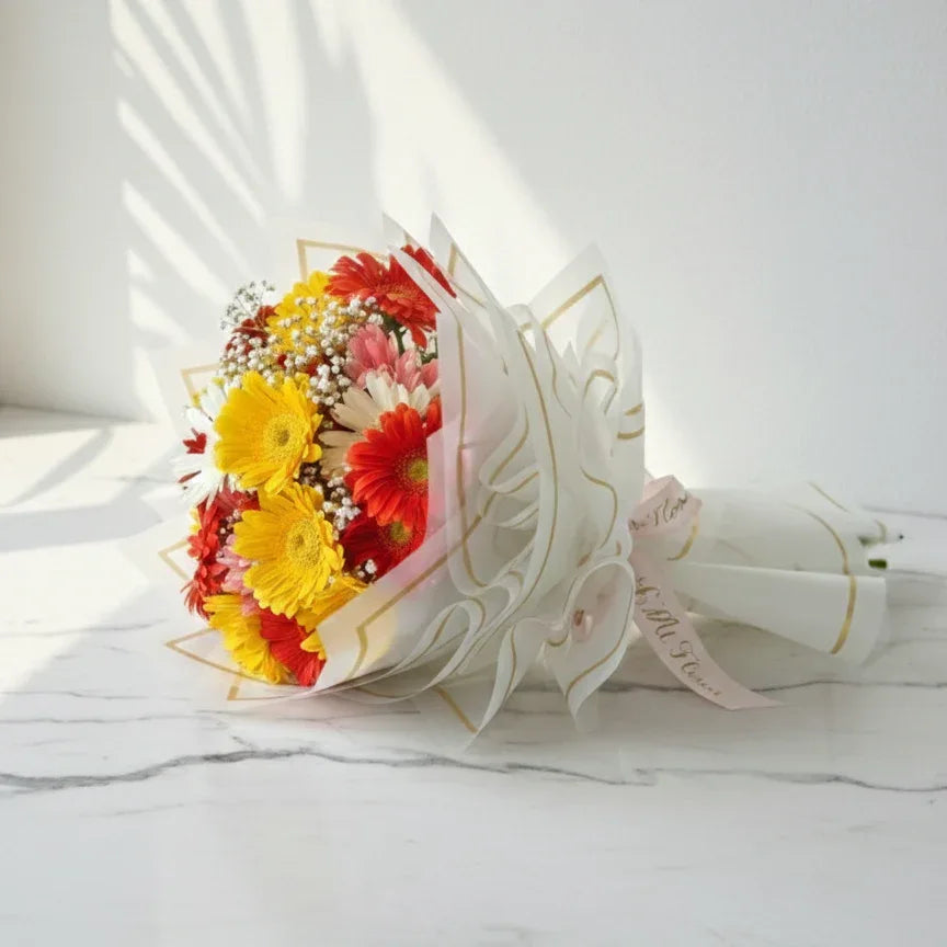 Mixed Colour Gerbera Bouquet with Baby’s Breath - atfleurs