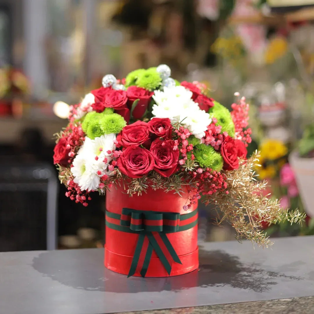 Red Roses and Chrysanthemums in Red Box with Ribbon - atfleurs