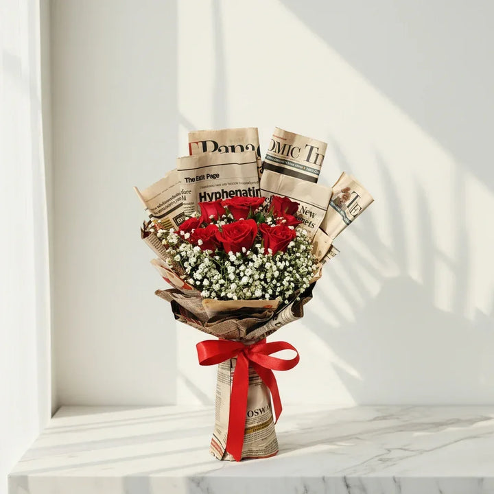 Red Roses in Vintage Newspaper Wrap - atfleurs