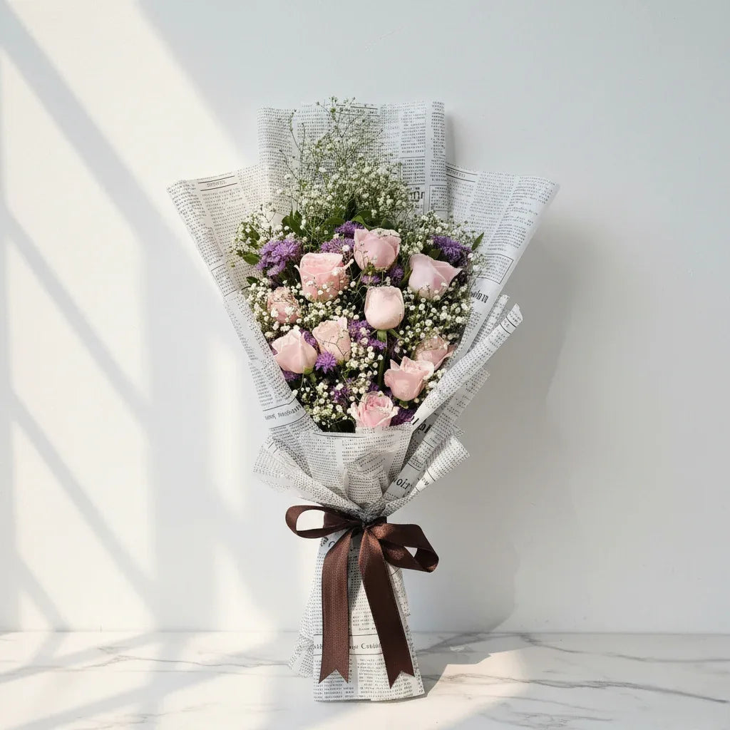 Blush Pink Roses in Newspaper Wrap - atfleurs