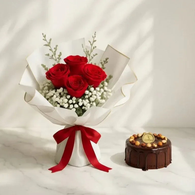 Red Roses Bouquet with Eggless Bento Cake - atfleurs