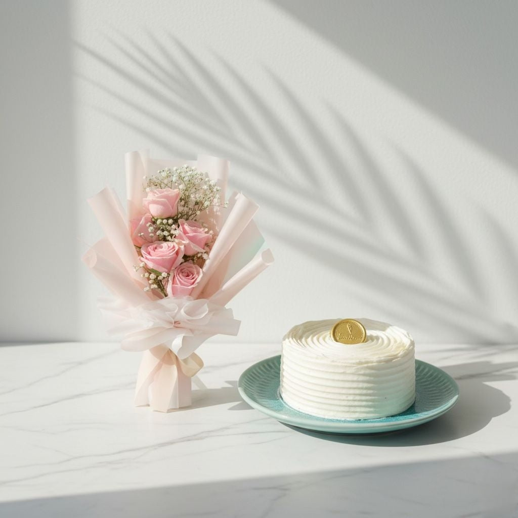 Bouquet of pink roses and a small white cake on a light surface with a soft shadow. Bento Cake and Flower Bouquet