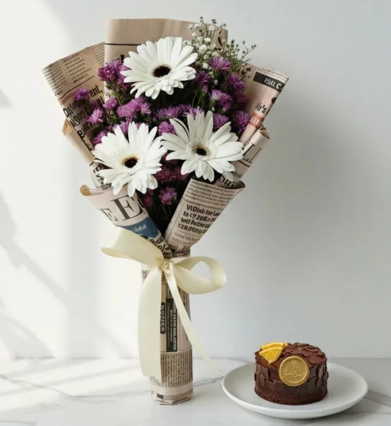 White Gerberas Bouquet with Eggless Bento Cake - atfleurs