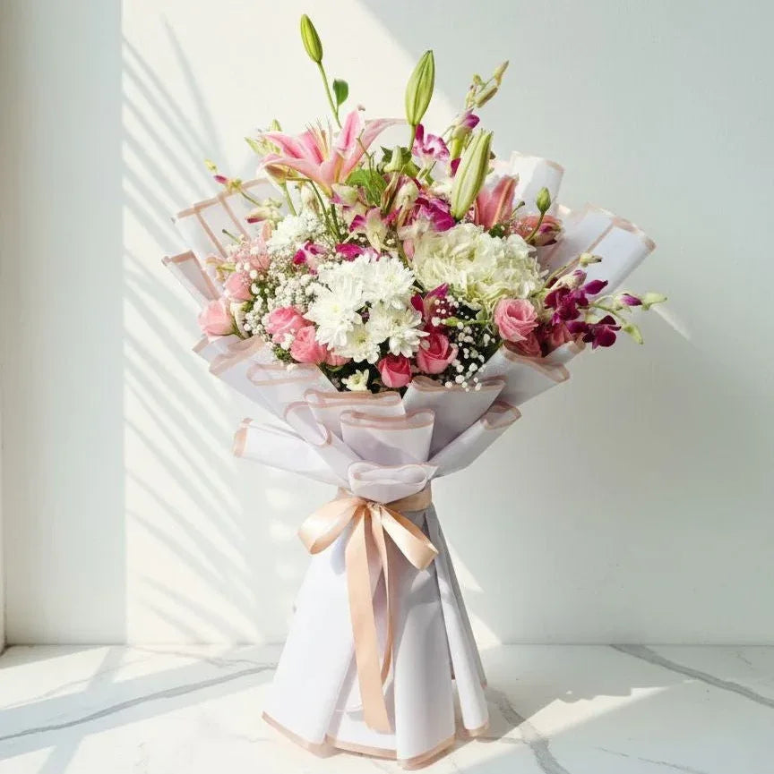 Pink Lily & Orchid Bloom Bouquet | Wrapped in White Blush - atfleurs