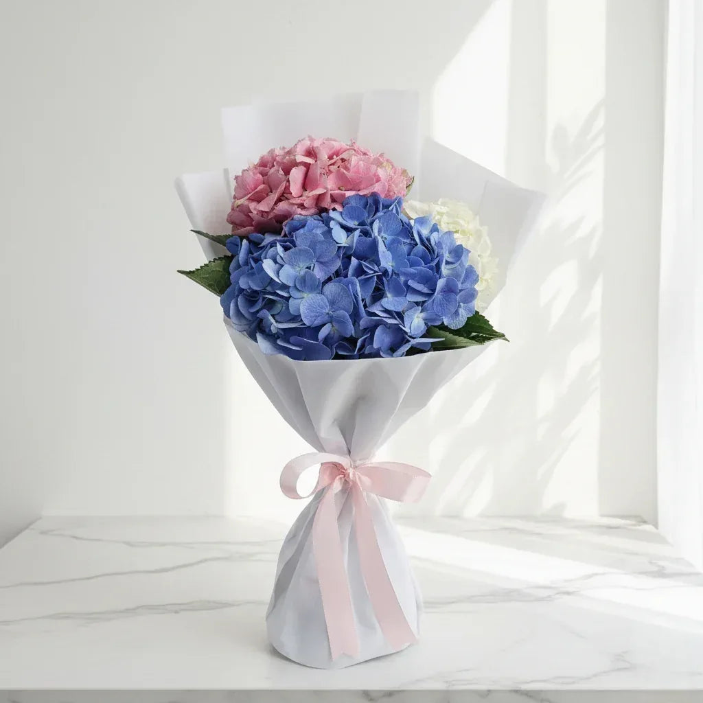 Pink, White, and Blue Hydrangea Bouquet - atfleurs