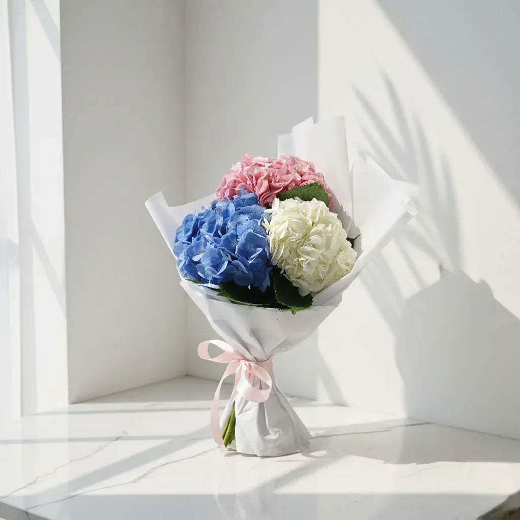 Pink, White, and Blue Hydrangea Bouquet - atfleurs