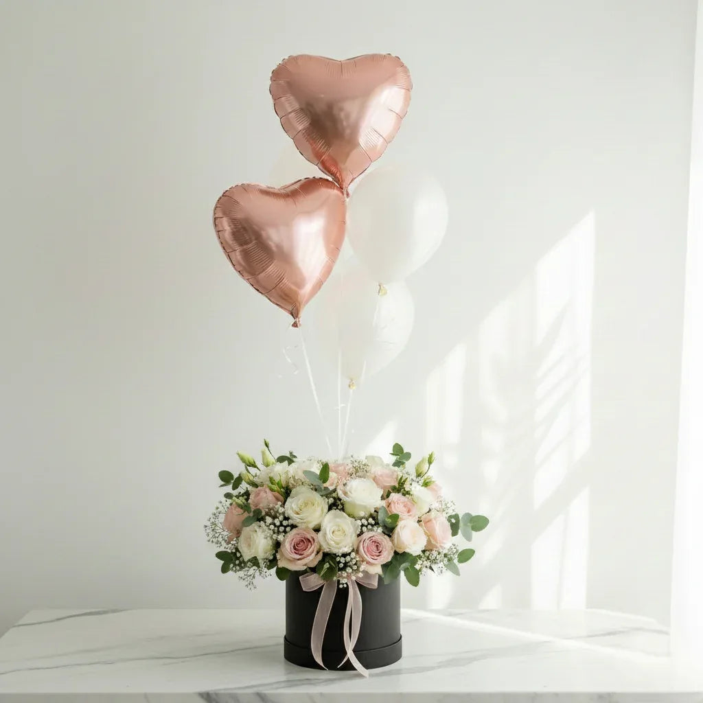 Rose Box Arrangement with Heart Balloons - atfleurs