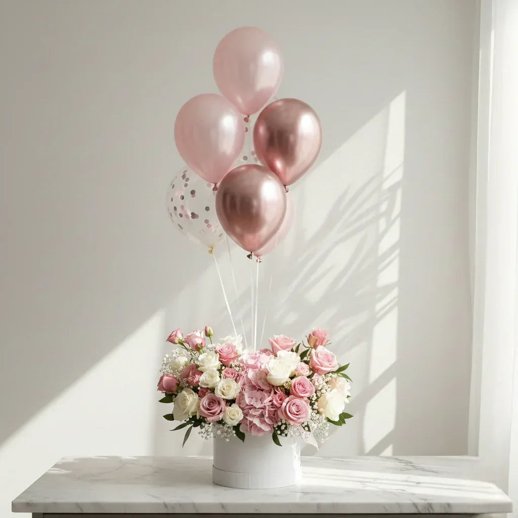 Pink and White Flower Box with Balloons - atfleurs