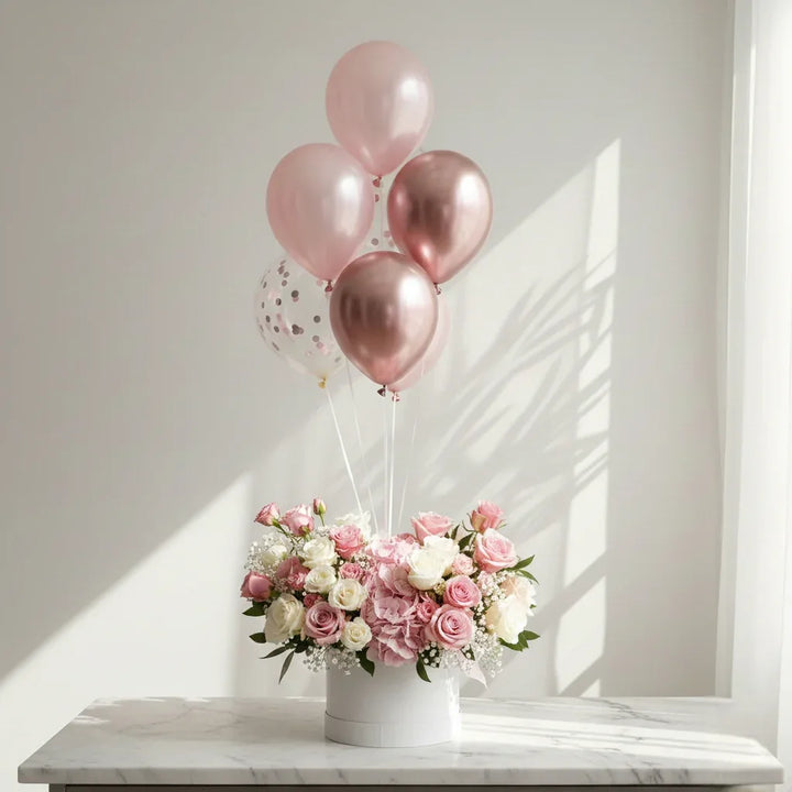 Pink and White Flower Box with Balloons - atfleurs
