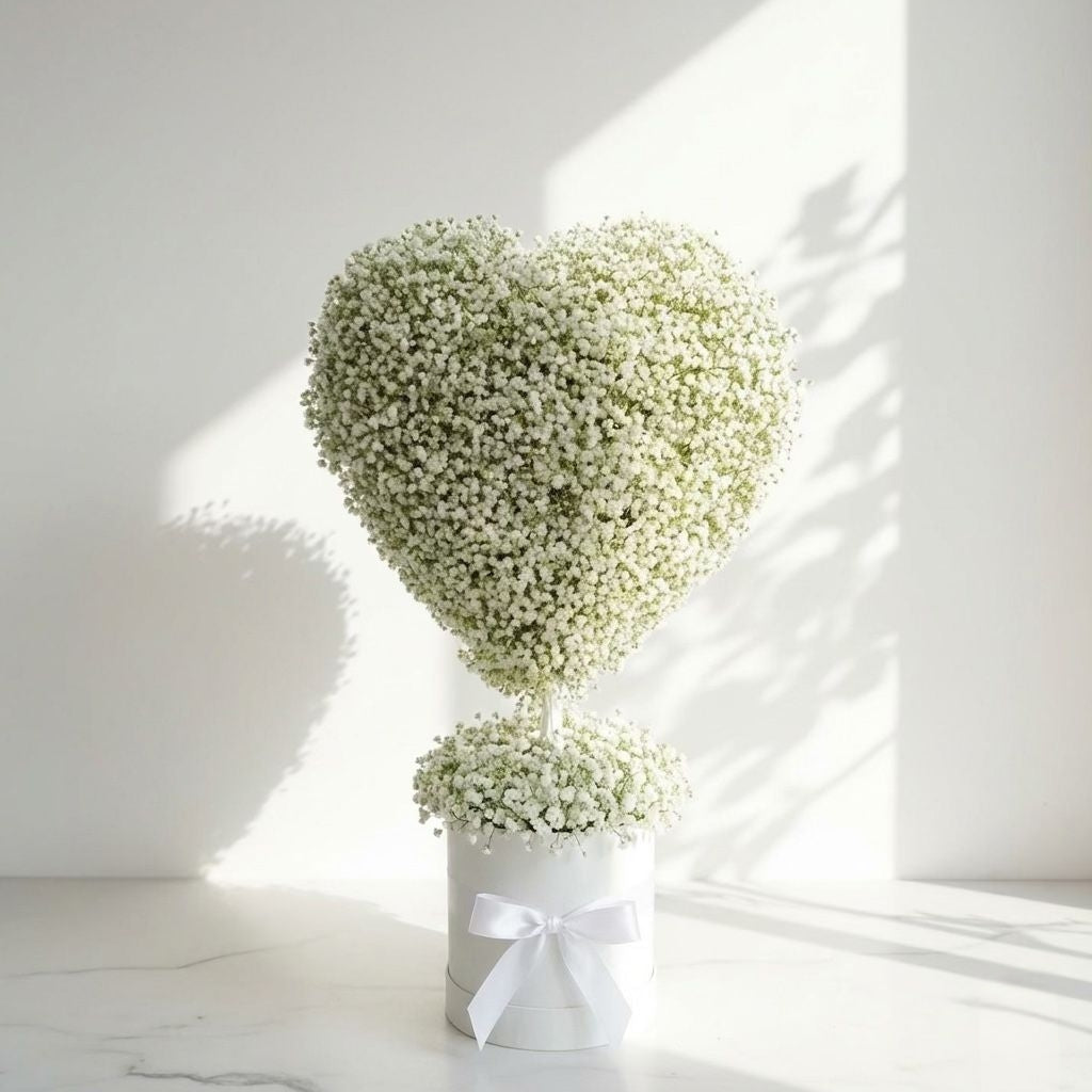 Heart-shaped arrangement of white flowers in a pot on a light background