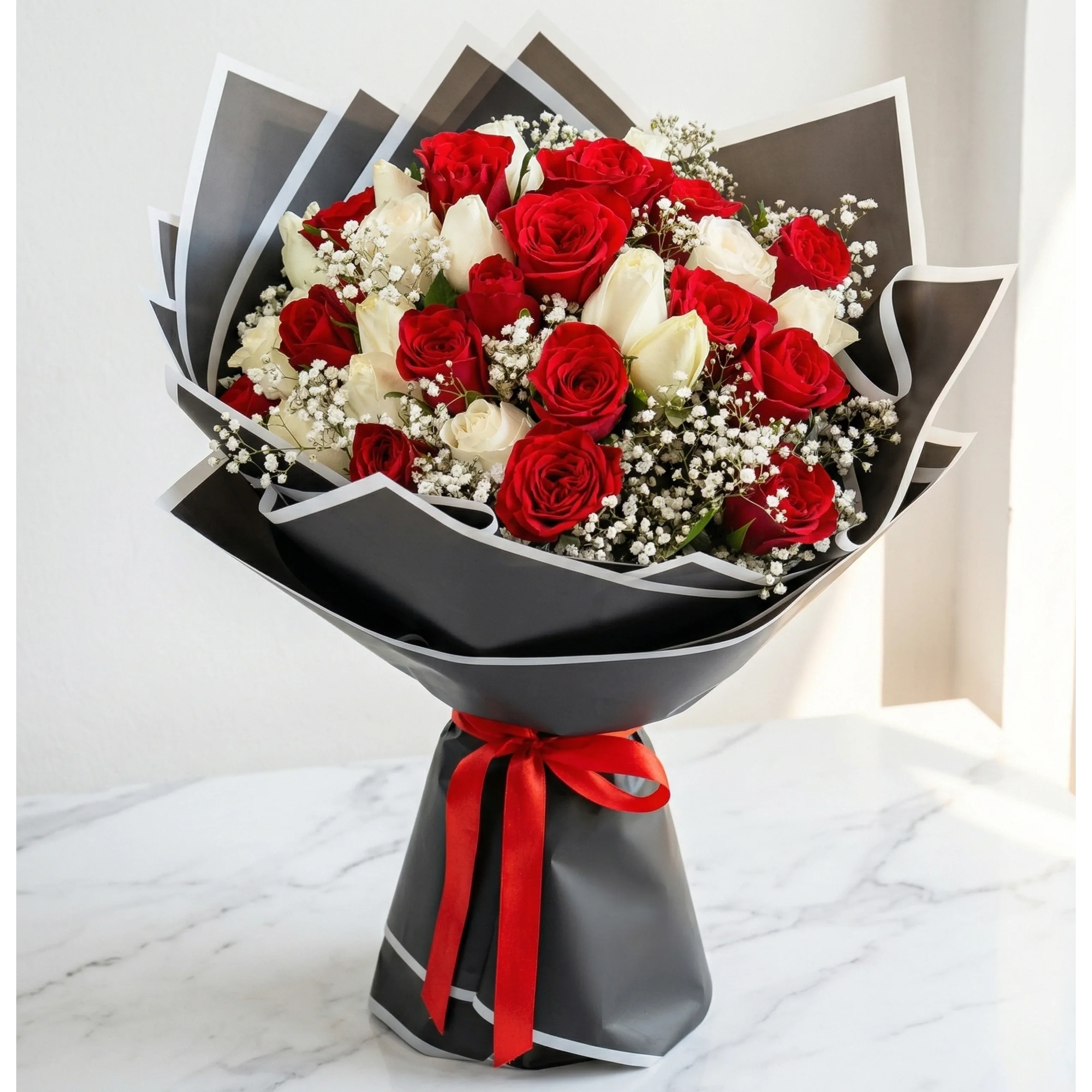 red and white roses bouquet | atfleurs