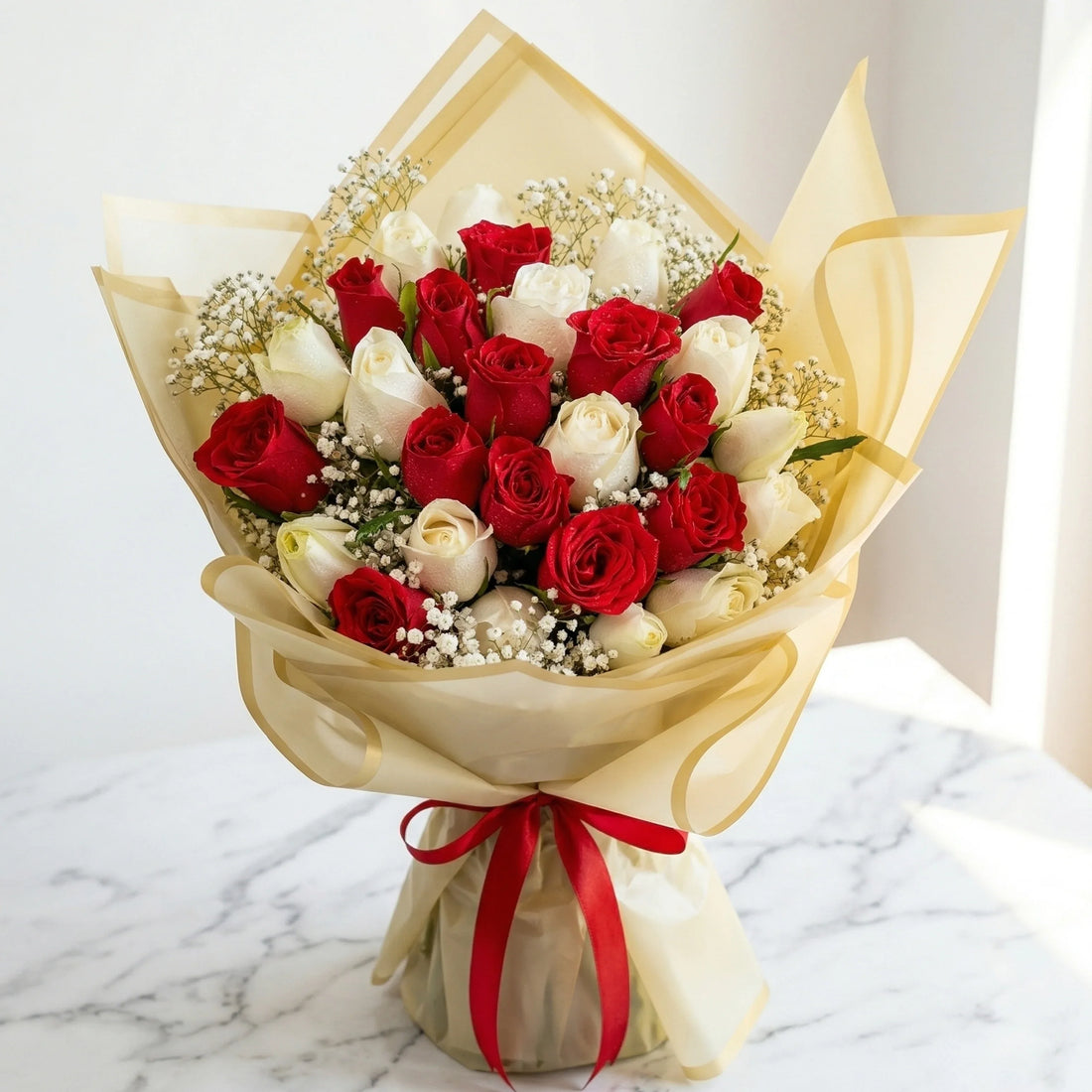 flower bouquet by Atfleurs | floral arrangement | Fancy Bouquet | Hand Bouquet | Red Roses | White roses