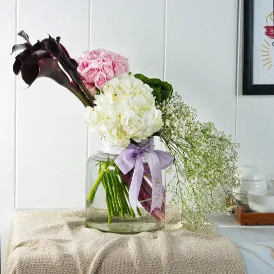 Black Calla Lily with Hydrangea Vase Arrangement - atfleurs