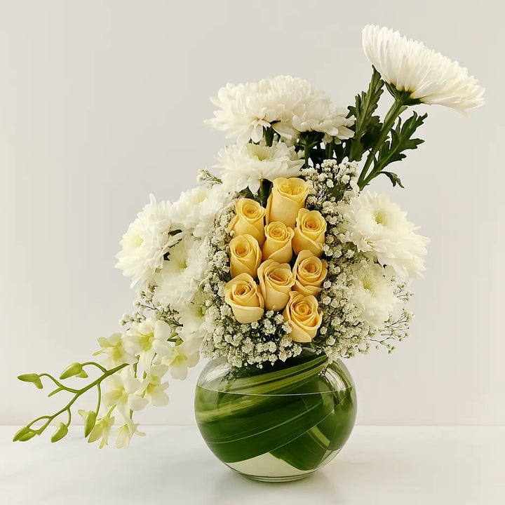 Yellow Roses, White Chrysanthemums & Orchids in Bowl atfleurs