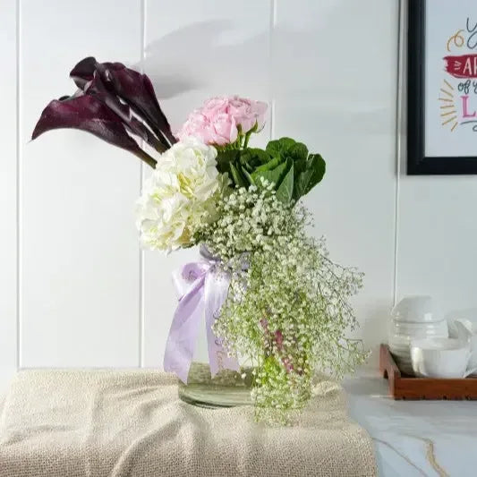 Black Calla Lily with Hydrangea Vase Arrangement - atfleurs