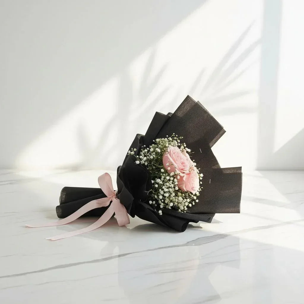 3 Pink Rose and Baby's Breath Bouquet Wrapped in Black with Satin Ribbon - atfleurs