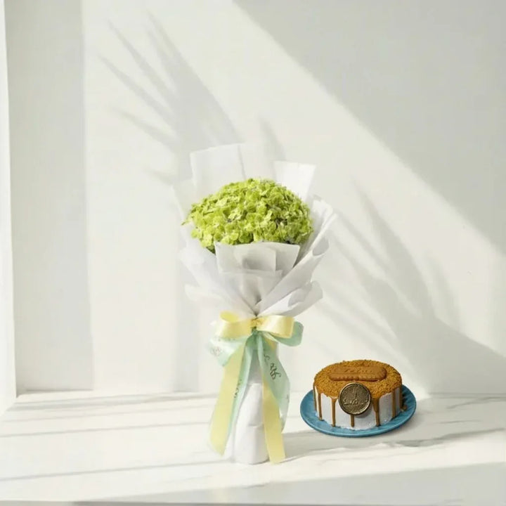 Green Hydrangea Bouquet with Eggless Bento Cake - atfleurs