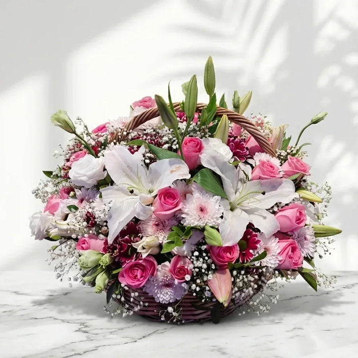Pink Rose and White Lily Basket Arrangement - atfleurs