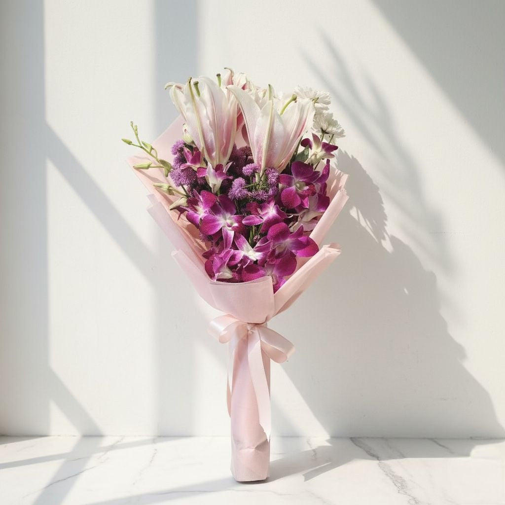 Bouquet of flowers with pink ribbon on a white background