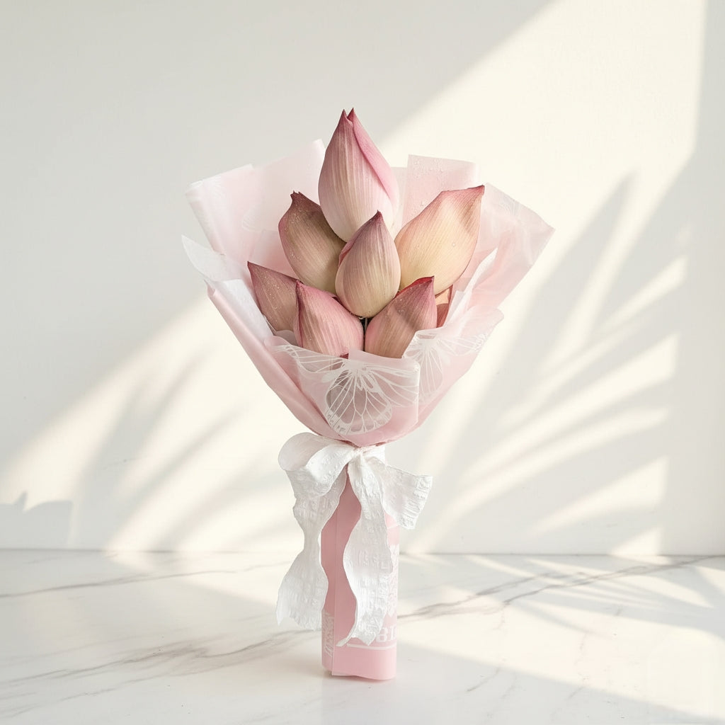 Bouquet of pink lotus flowers wrapped in cellophane on a white background
