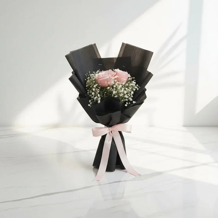 3 Pink Rose and Baby's Breath Bouquet Wrapped in Black with Satin Ribbon - atfleurs