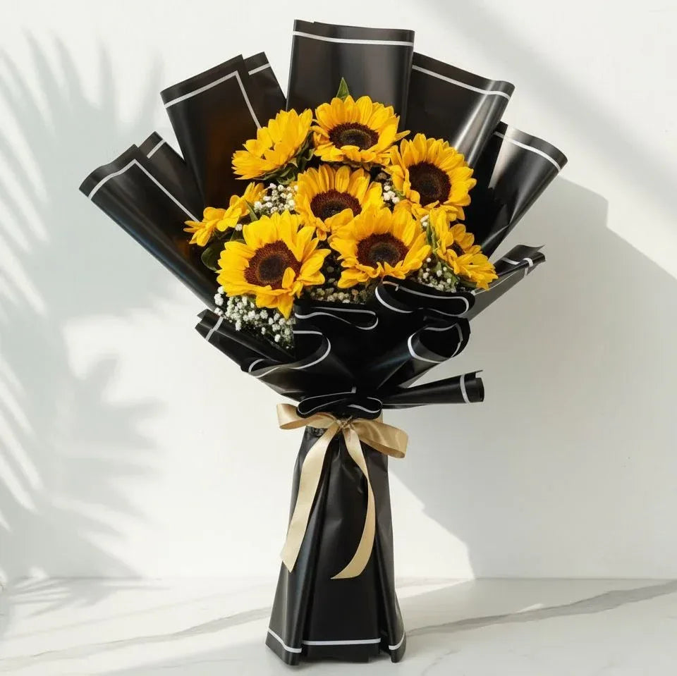 Sunflower and Gypso Bouquet Wrapped in Black - atfleurs