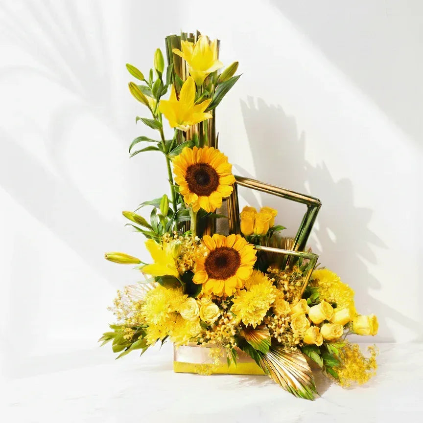 Bright Sunflower & Yellow Rose Floral Arrangement - atfleurs