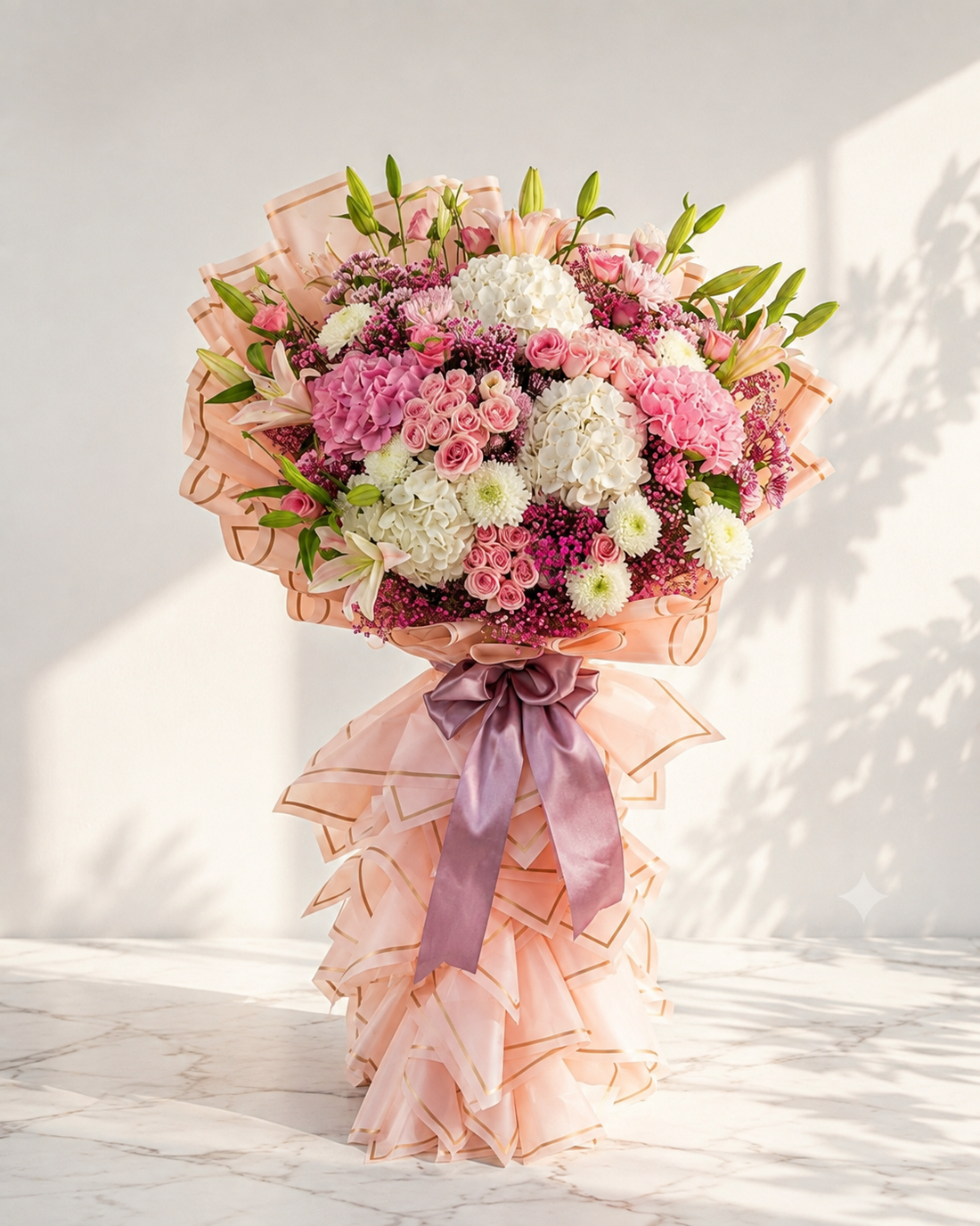 Pink Rose and Hydrangea Standing Bouquet with Lilies