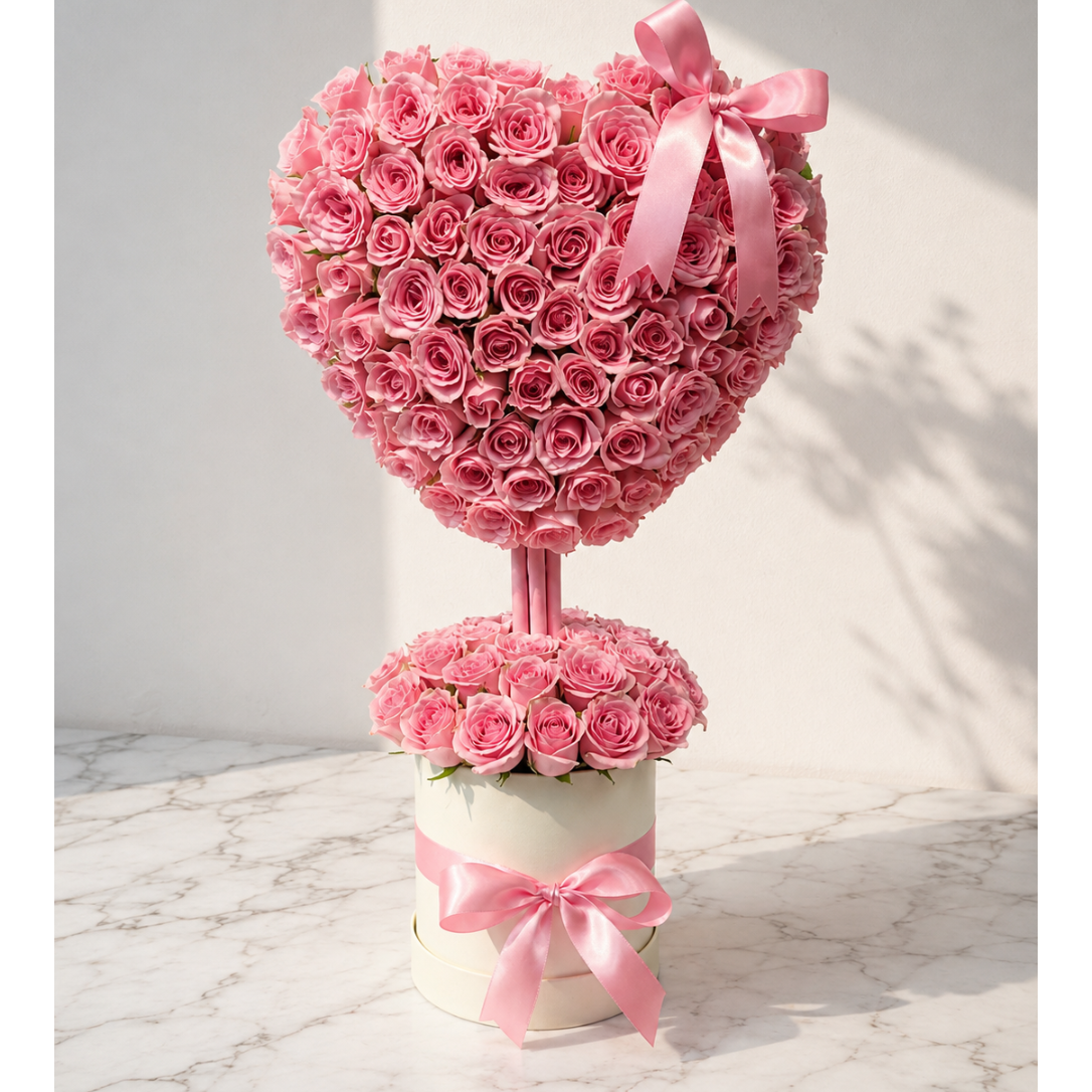 Pink Rose Heart Arrangement with Ribbon