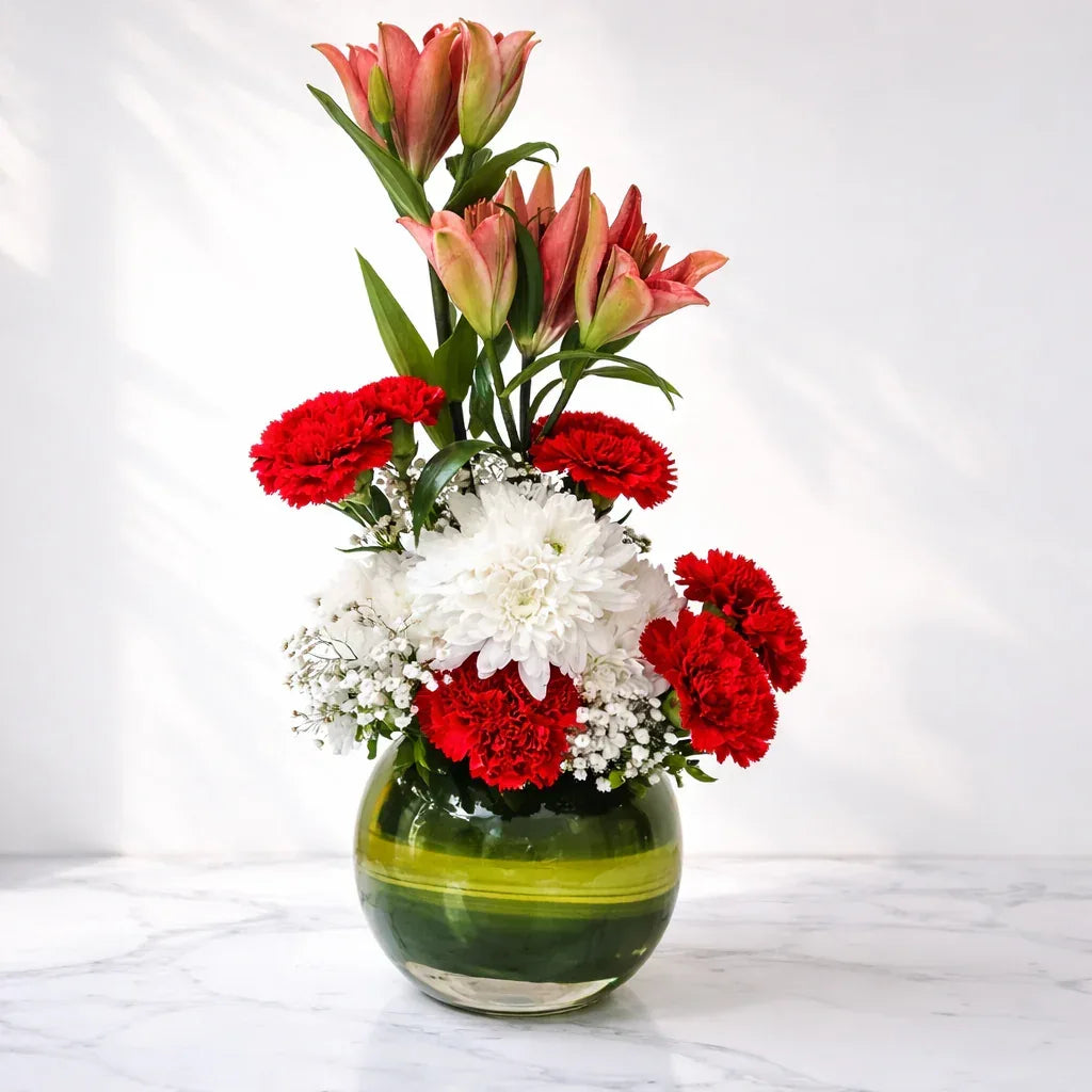 Pink Lilies & Red Carnations Bouquet with Chrysanthemums - atfleurs