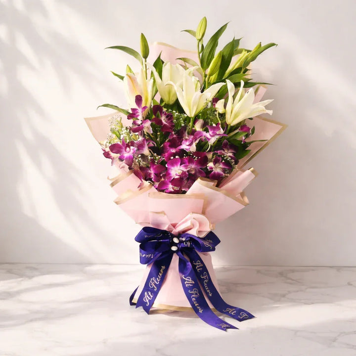 white lily and purple orchid bouquet Purple Orchids Bouquet with White Lilies – atfleurs