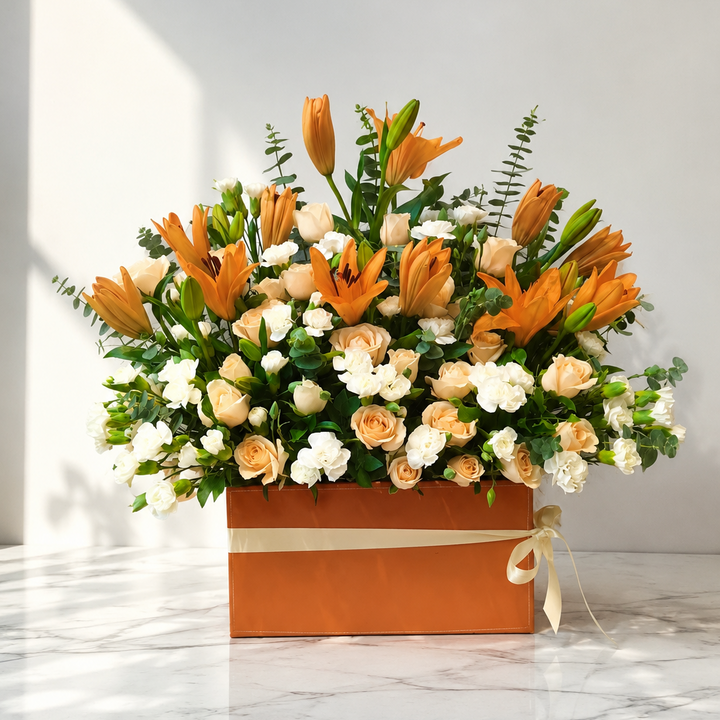 Grand orange Asiatic lily and peach rose arrangement in a brown leather gift box with cream ribbon by At Fleurs Bandra Mumbai